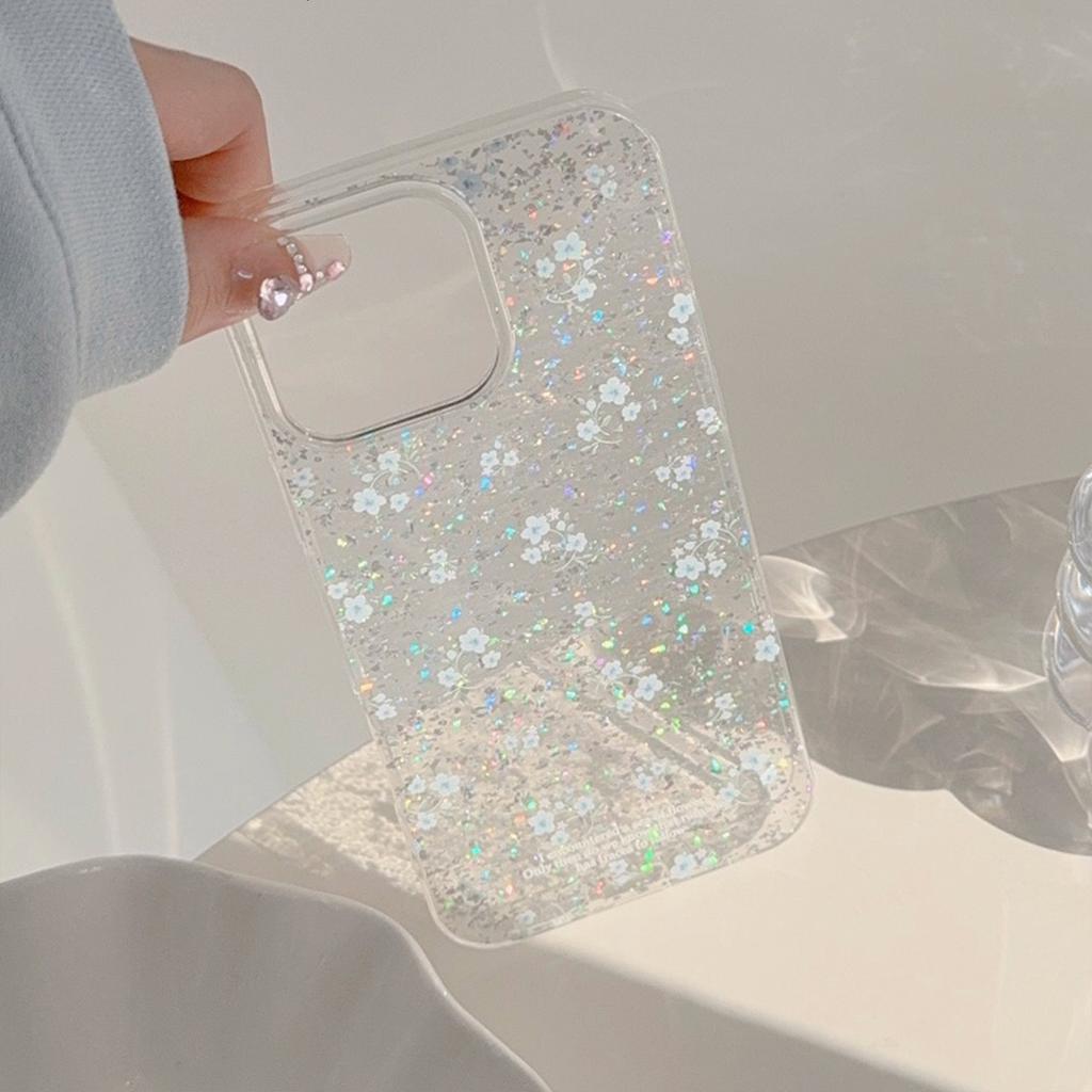 Gentle Blue Floral Suitable for Apple 16promax Mobile Phone Case 17 Glitter Powder Iphone15 Transparent 1312 Temperament