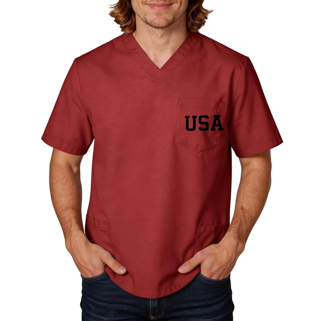 Men's Short Sleeve V-Neck Pocket T-Shirt with Labor Day Print, Uniform Top