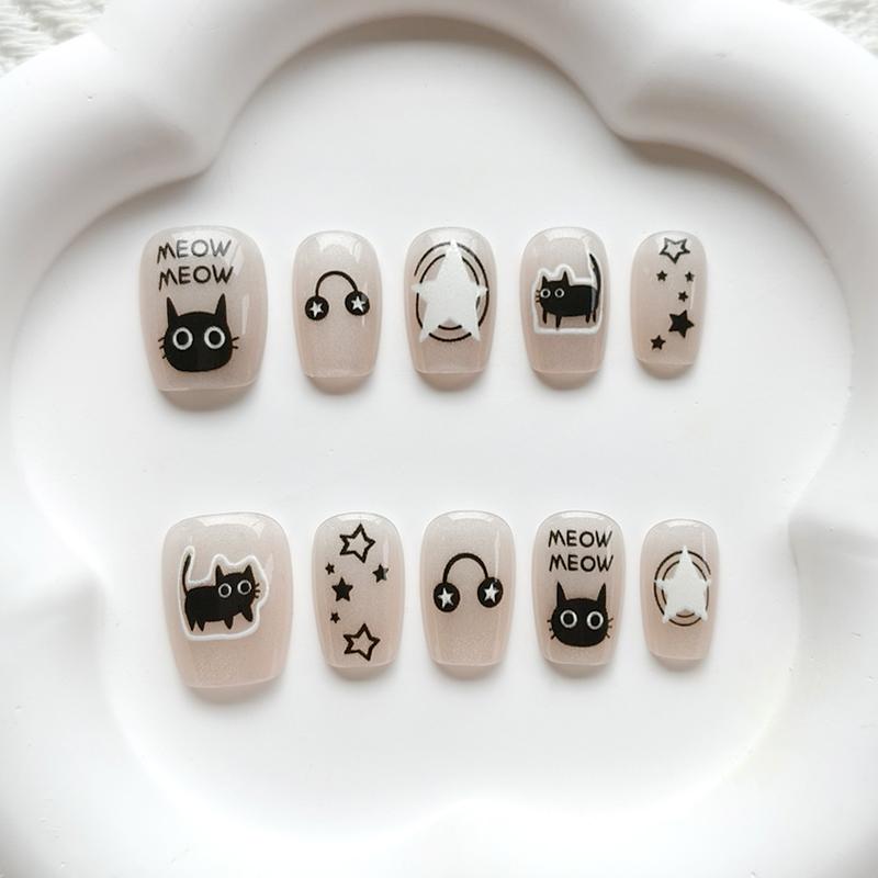 10 Pcs Cute Music Cat French Press On Nails With Cat Eye Star Print Reusable Fake Nail Art Stickers