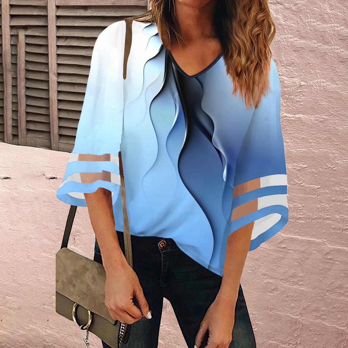 

Женская рубашка, блузка, повседневные свободные рубашки, кружевные рубашки с рукавами 3/4, топы с v-образным вырезом и принтом, топы с принтом, футболки, футболки L синий