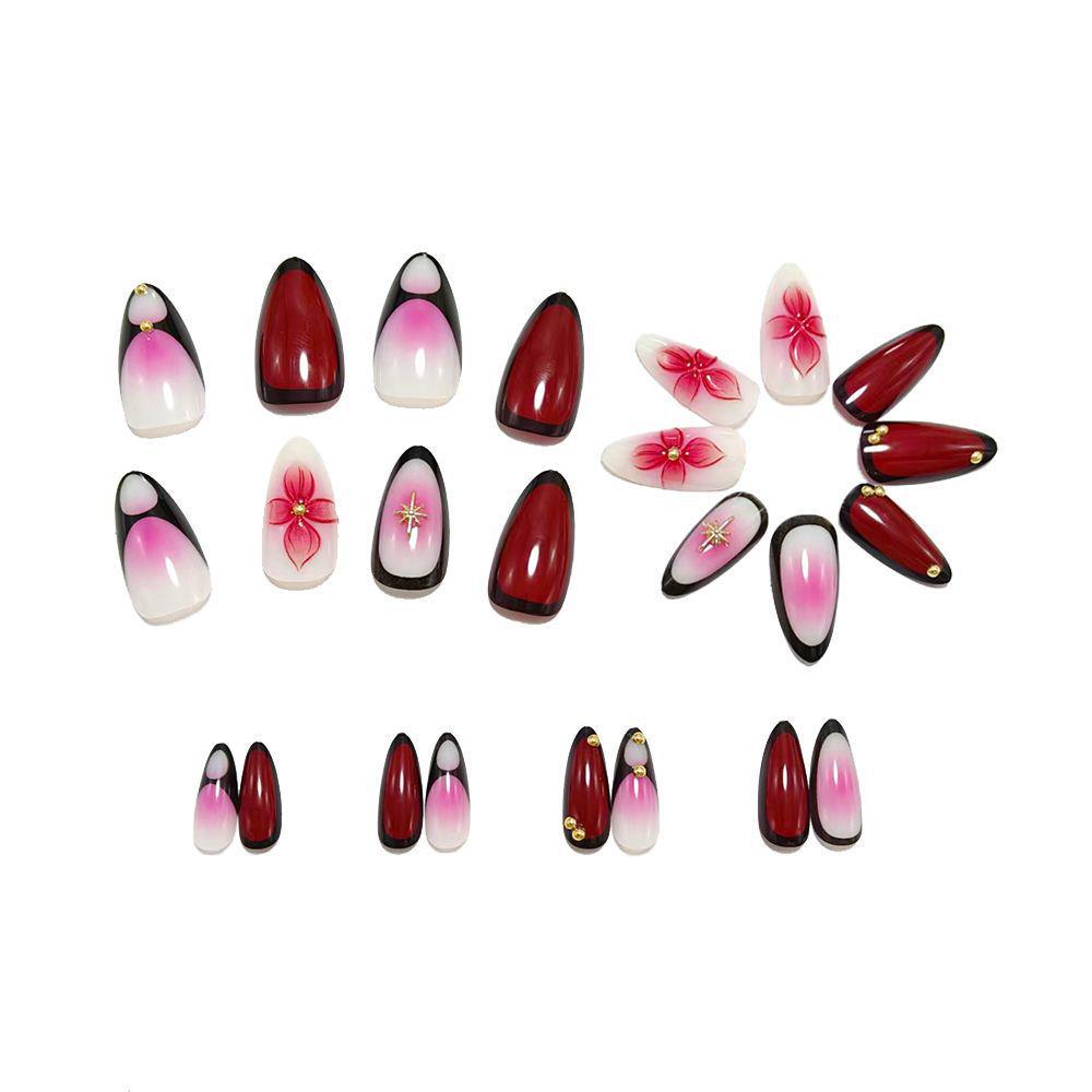 High-End Gold Beaded Almond-Shaped Floral Nail Art Stickers - French Edge, 24-Piece Velvet False Nails Set