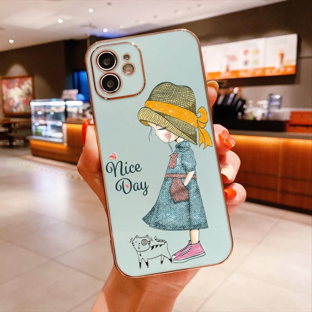For Redmi Note 13 Pro 12 Pro 12S 11 Pro 11S 10S OPPO A38 A77s A96 Realme C33 C65 OnePlus Lovely Girl Design Soft Plated TPU Phone Case