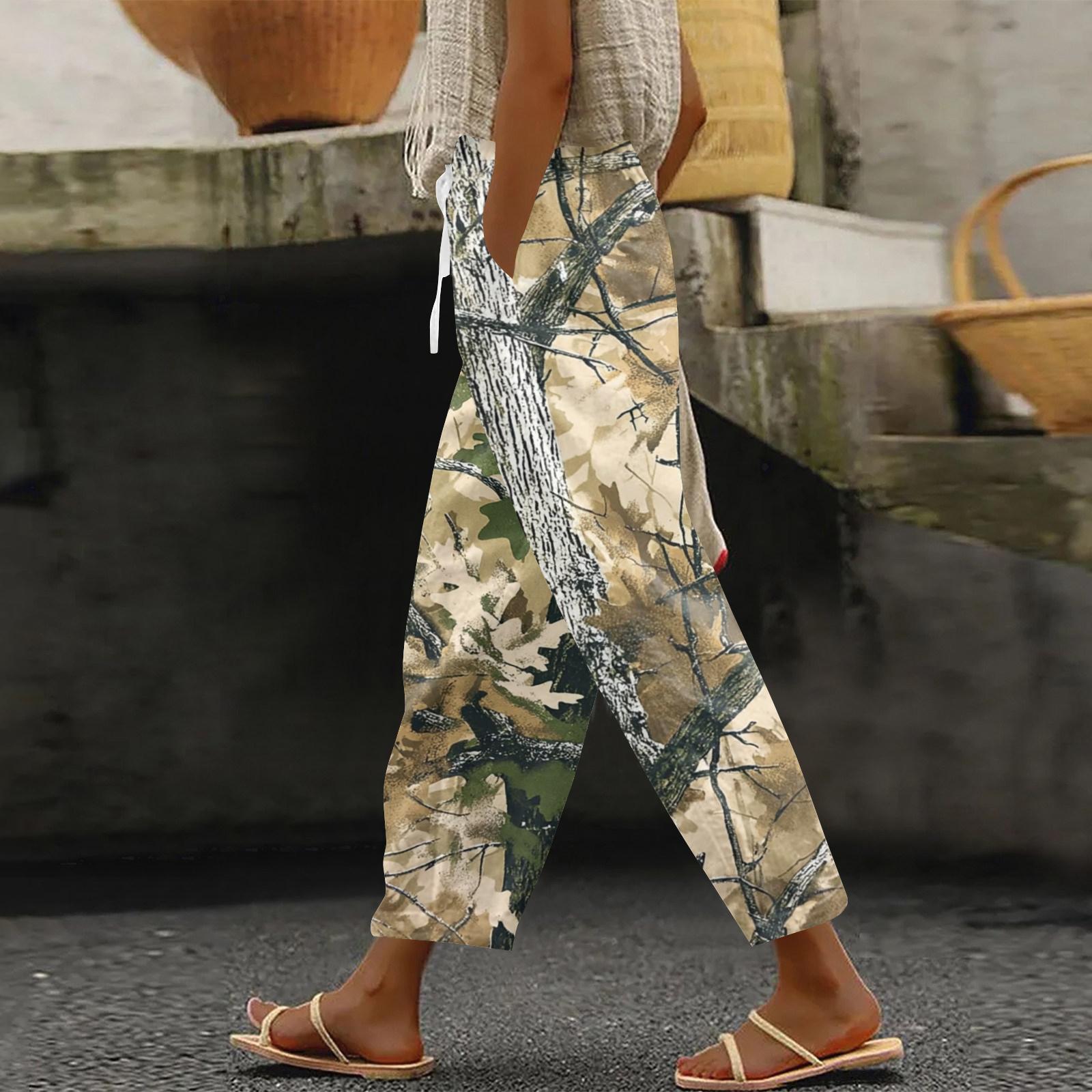 

Women s fashion printed drawstring pocket elastic waist casual pants XL коричневый