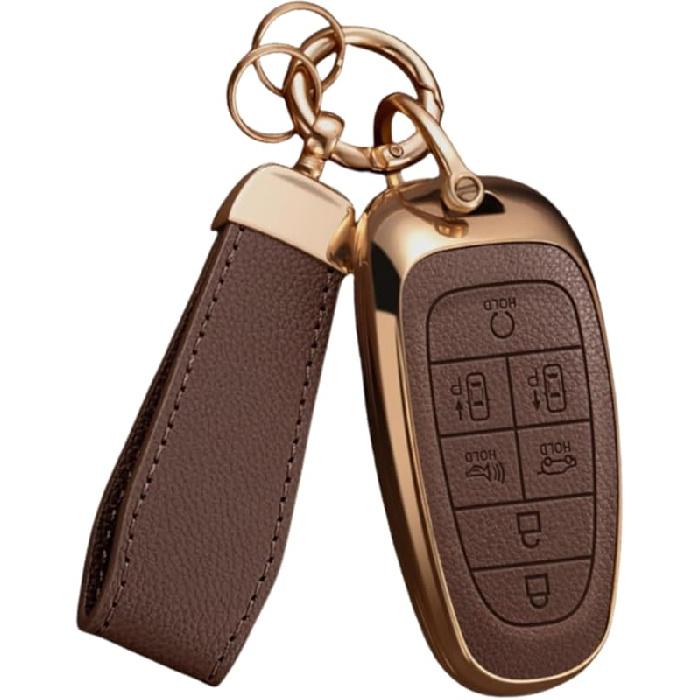 Key Fob Cover For Hyundai With Key Chain, Upper Leather + Soft TPU Car Key Case Shell For 2024   Hyundai Sonata Santa Fe Nexo Tucson (5 Buttons,