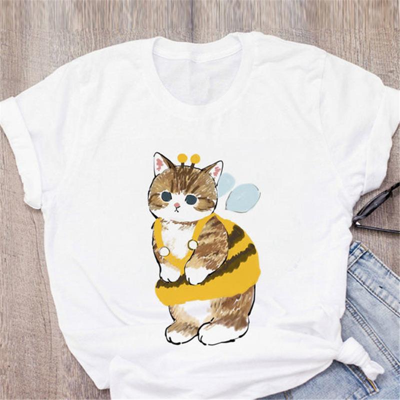 

Casual Kawaii Cartoon Animal Cat Graphic Female T-Shirt Summer Loose Blouses White O-Neck Short Sleeve Tees Woman Tops Clothing XXXL білий