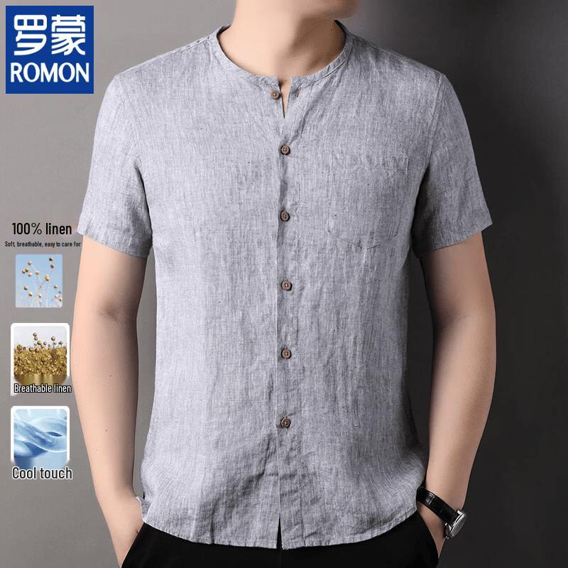 ROMON Men s Pure Linen Short Sleeve Shirt 3XL