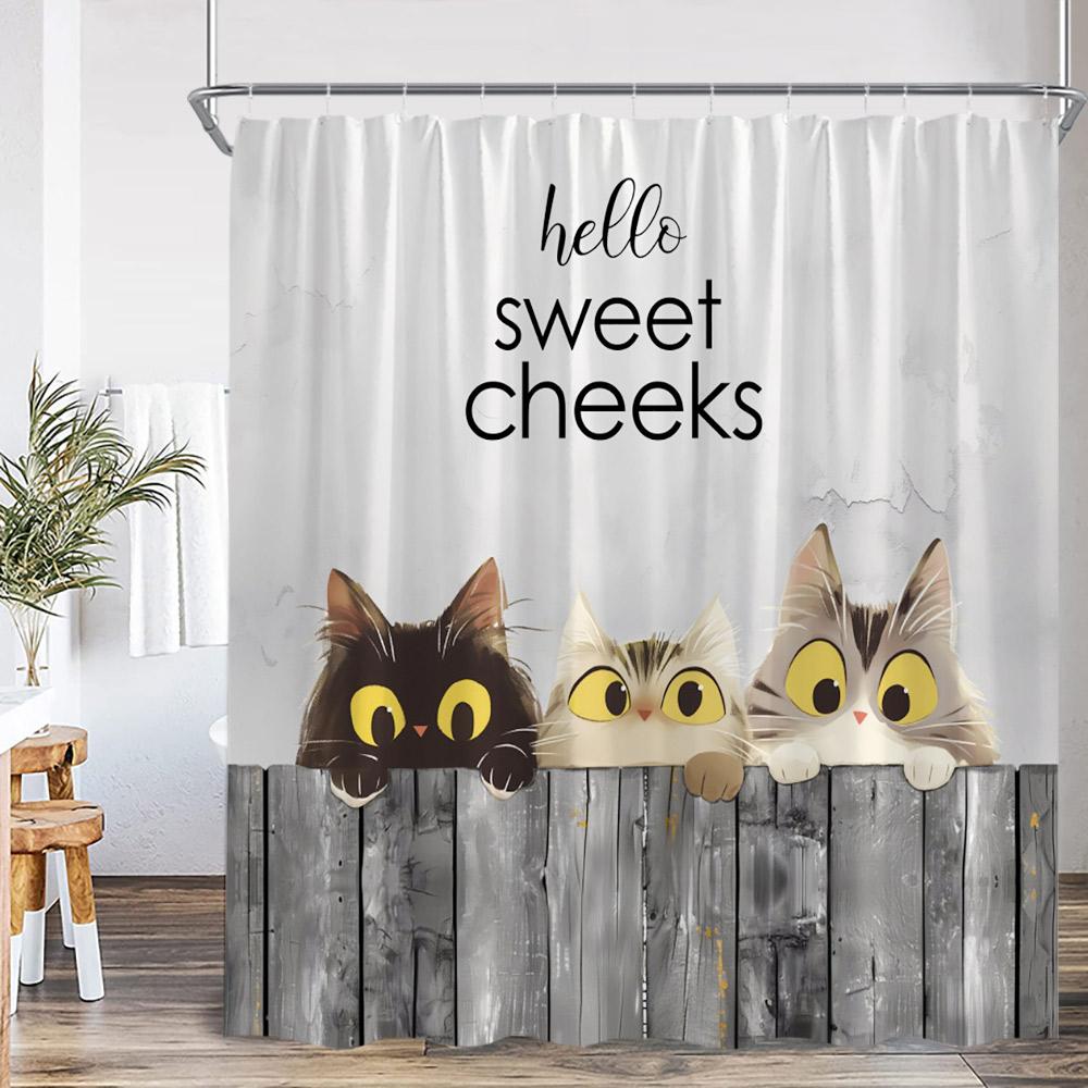 Cats Animal Print Shower Curtain Cartoon Cat Mushroom Hello Sweet Cheeks Modern Polyester Fabric Bathroom Decor Curtain Cloth