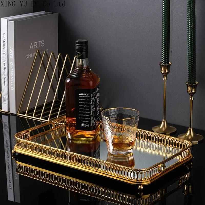 Rectangular Glass Mirror Tray European-style Simple Metal Coffee Table Tray Round Hollow Gold Rim Decorative Plate Ornaments