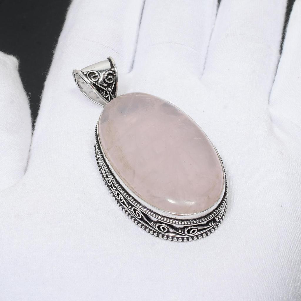 Rose Quartz Natural Gemstone Handmade Antique 925 Sterling Silver Pendant Antique Look Rose Quartz Pendant Handmade Gifts Pendant Gifts For Love