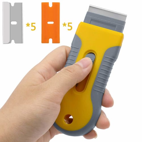 Glass Scraper, Defrosting Scraper, Stain Remover, Paint/Stickers/Labels/Adhesive Remover, 10 Replacement Blades Included: 5 Plastic Blades, 5 Stainles