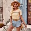 Summer Casual Women's Lace Hollow Slimming T-Shirt Round Neck Short Sleeve Solid Color Blouse Spring Fashion