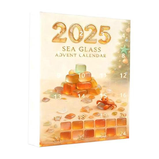 Adventní kalendář Vánoční strom z mořského skla 2025 24 dní Odpočítávání svátků s mini ozdobami z mořského skla Dekorace vánočního stromku s oceánskou tématikou