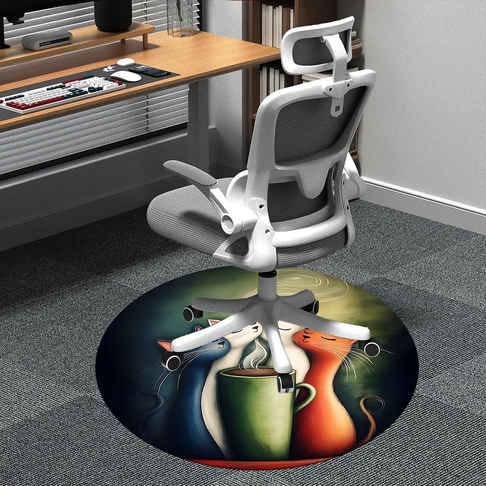 1pc Cats Coffee Office Round Area Rug, Indoor Mat Suitable ForOffice, Under Office Chairs Bedroom Living Room Home Decor, Room Deco  D042