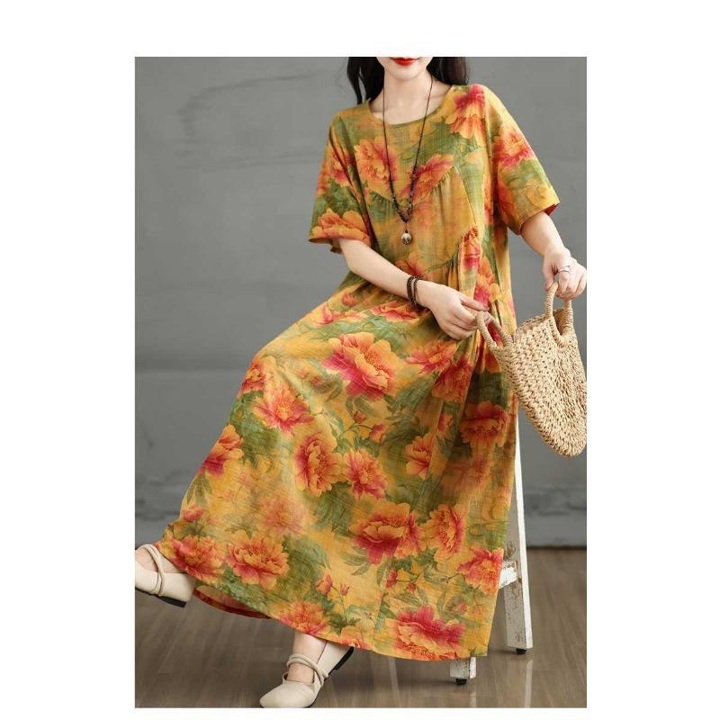 Summer Retro Cotton and Linen Round Neck Short Sleeved Dress, Women's Loose Skirt