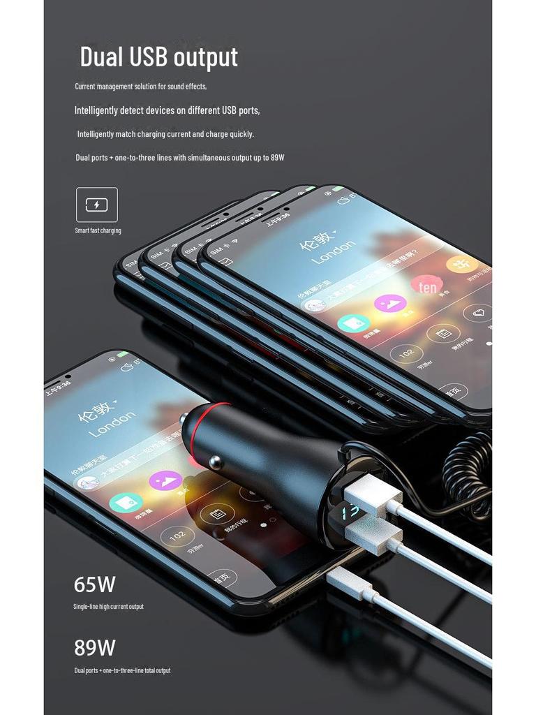 65W Dual USB Car Charger with QC3.0 Fast Charging, Multi-Function Digital Display, and One-to-Three Splitter