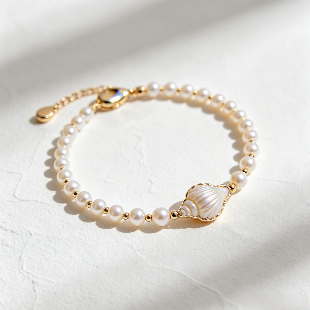 Custom Classic Gold Plated Brass Cowrie Shell & Pearl Unisex Bracelet for Ocean-Inspired Summer Jewelry