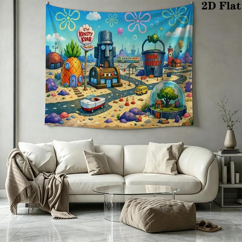 Cartoon Spongebob Wall Tapestry Aesthetic Wall Hanging Printed Fabric Blanket Decorative Tapestries for Bedroom Living Room Home Decor