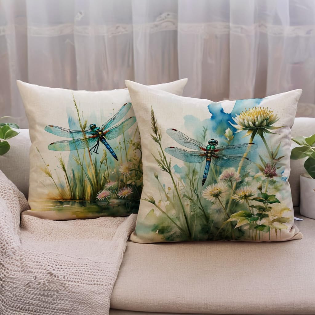 7COLORROOM Dragonfly Pillow Covers 18 X 18 Inch Wildflowers Color Dragonfly Cushion Covers Flower Holiday Rustic Farmhouse Decoration 2Pack for Sofa