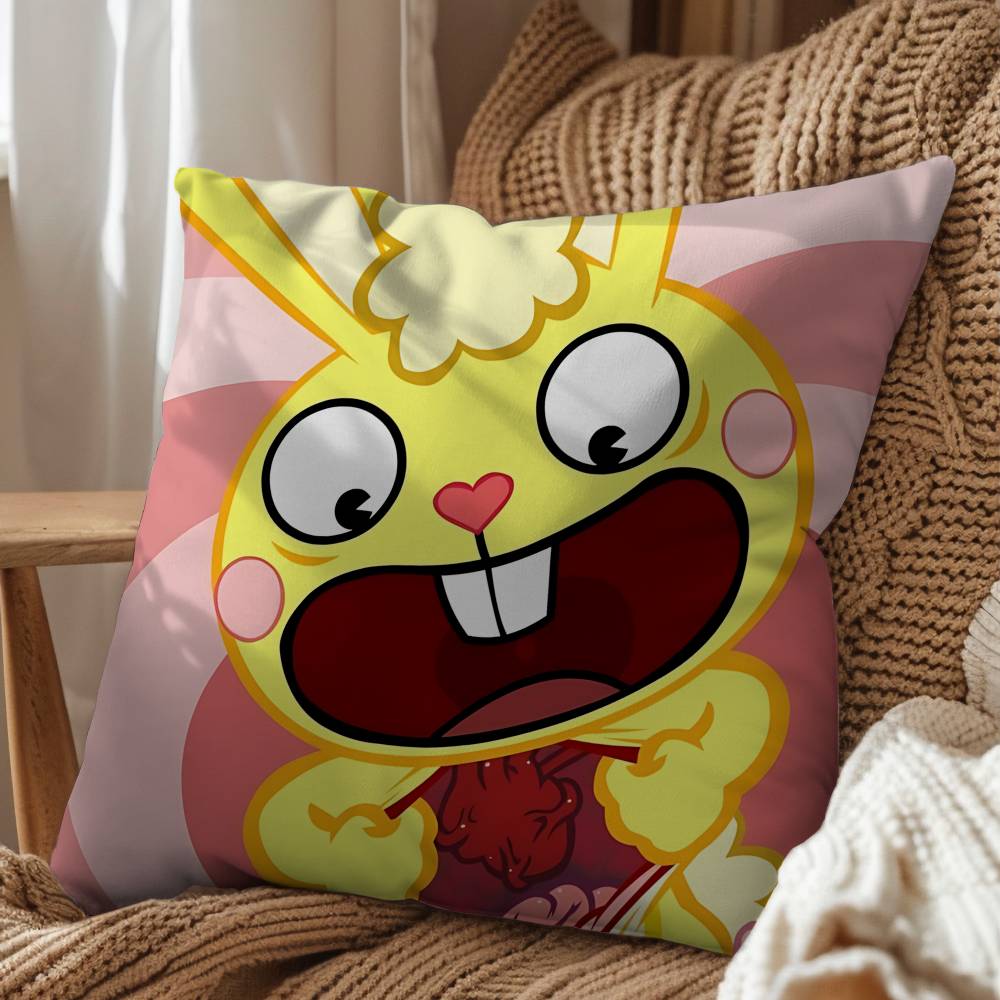 Green Cute Happy HTF Tree Friends Pillow Case Square DoubleSided Printing Short Plush Sofa Cushion Cover Bedroom Bedside Pillow