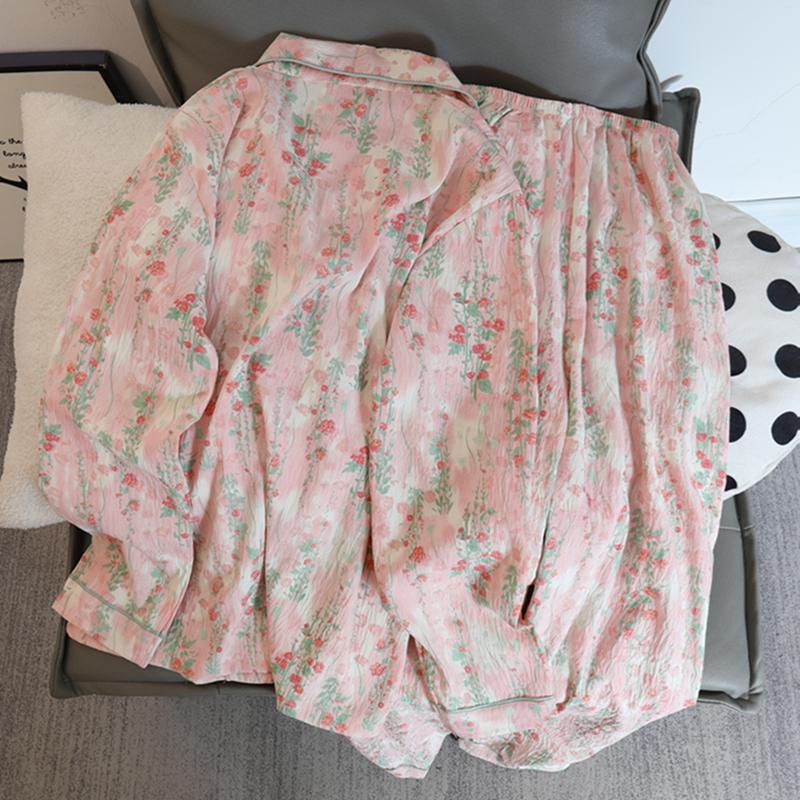 Blumendruck Damen Herbst Zweiteiliges Pyjama-Set Langarm V-Ausschnitt Oberteil Elastische Taille Hose 2 Teile Weibliche Schlafbekleidung Nachtwäsche