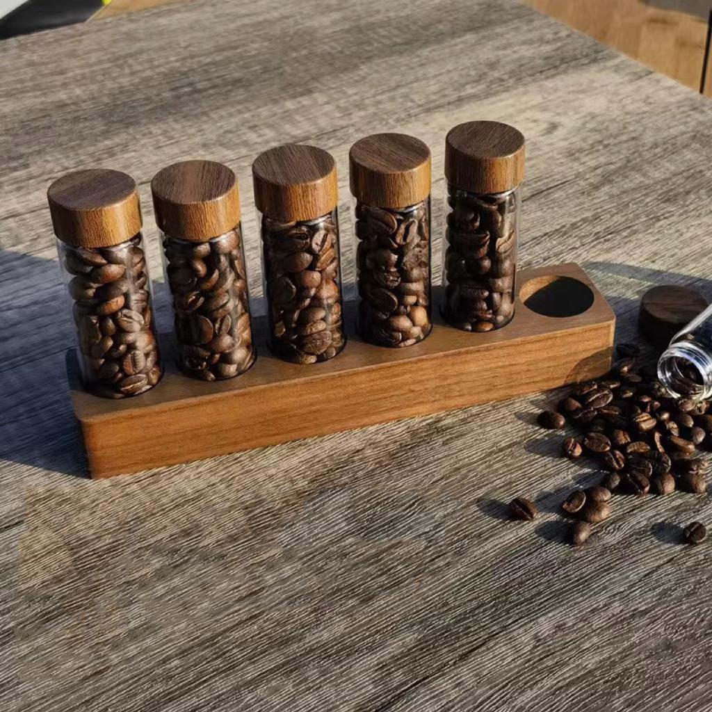 Wooden Coffee Beans Flower Tea Display Rack Stand Glass Test Tube Sealed Storage Cereals canister