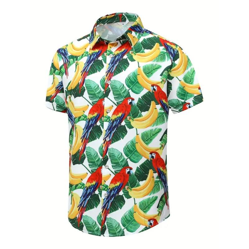 Herren lebendiger Papagei tropischer Blumendruck Hawaiihemden lässig kurzärmelig Knopfleiste Strandhemd für Herren Sommer