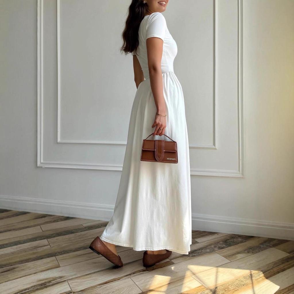 2025 Summer Women's Round Neck Solid Color Short Sleeve Commute Dress