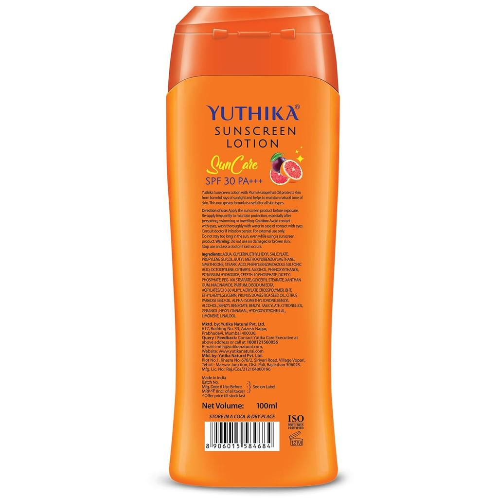 Yutika Sunscreen Lotion SPF 30 PA+++ for Men and Women 100ml Non-Greasy Sun Cream All Skin Types Pack of 2