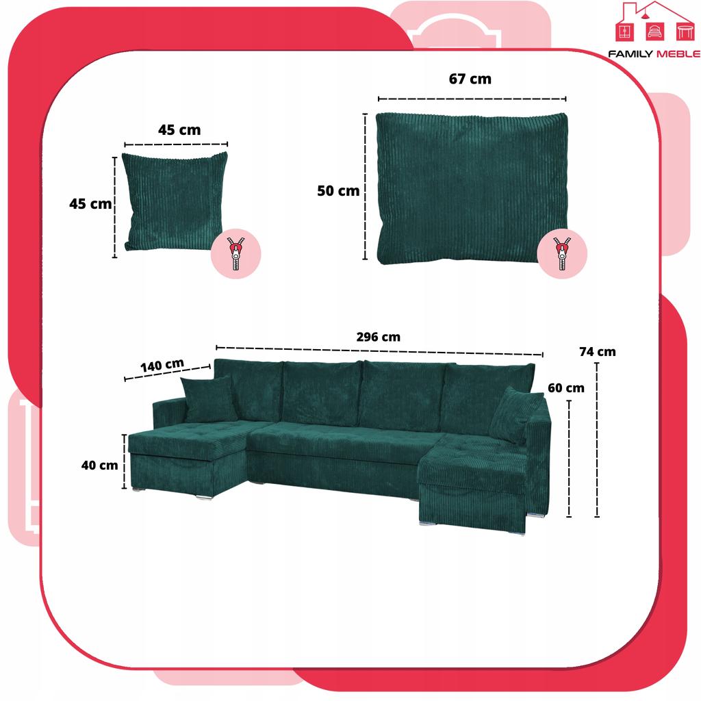 Bonito BIG Corner Sofa Bed Family Meble Corduroy Green