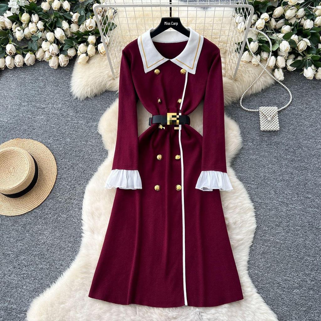 Nanyou 2025 Fall/Winter Women's Colorblock Knitted Dress with Metal Buckle and Long Sleeves