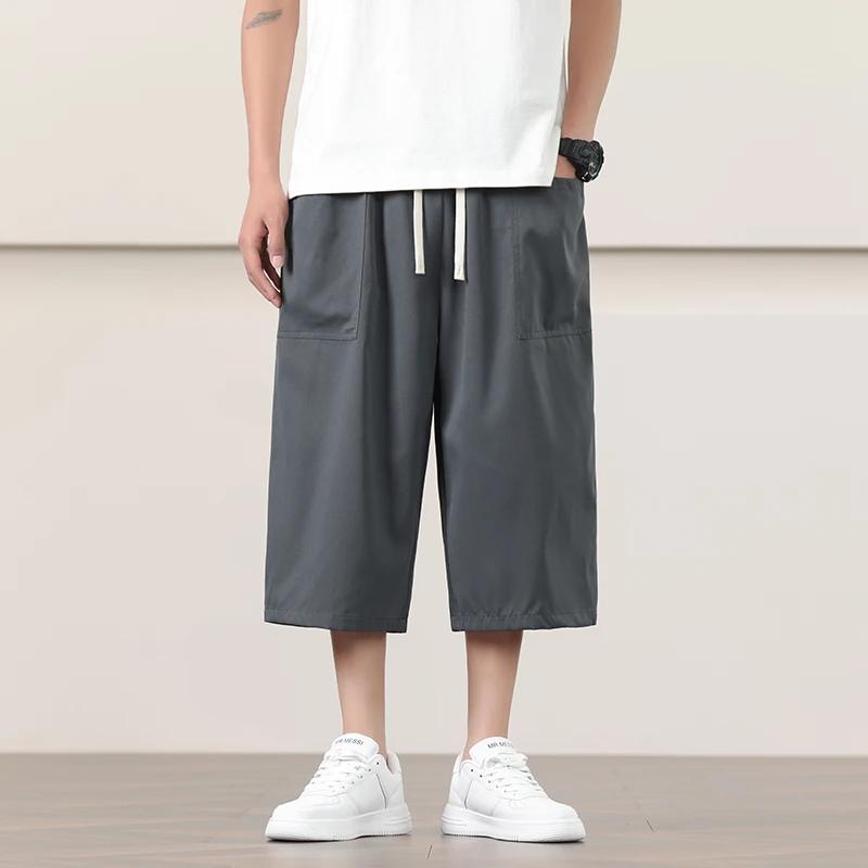 Summer Chinese Style Men Soild Color Calf Lenght Pants Men Breathable Lightweight Trousers Man Loose Daily Casual Striped Bottom