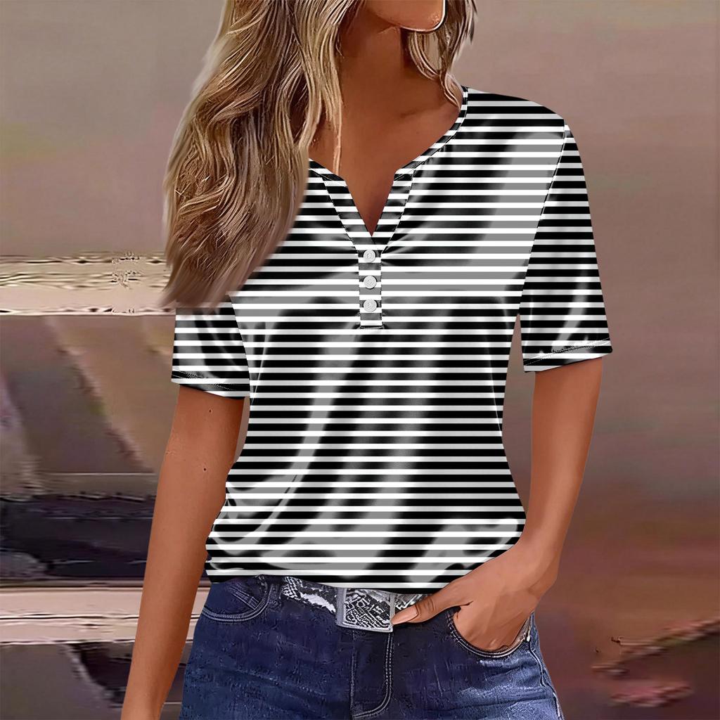 Damesmode Casual Gestreept Print Kraag Korte Mouw Knopen T-shirt