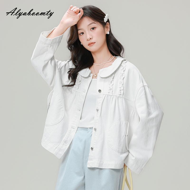 

Japanese Style Spring Autumn Women Denim Jacket Peter Pan Collar White Pink Oversized Coat Sweet Cotton Girl s Loose Outerwear L білий