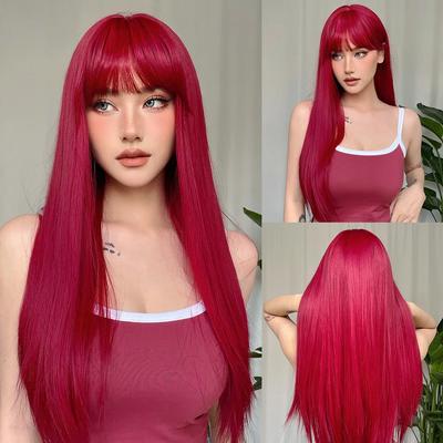 Czerwone długie proste syntetyczne naturalne peruki z grzywką wino czerwone peruka dla czarnych kobiet cosplay party lolita użyj włókna odpornego na ciepło