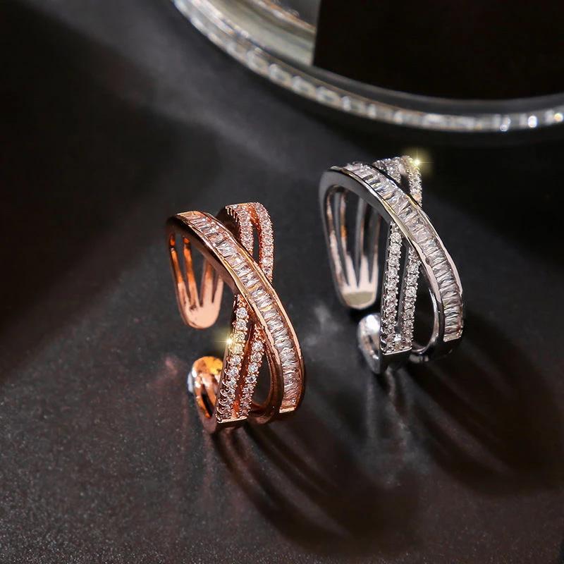 Huitan Bright Cross Rings Female Charming Delicate Sparkling Cubic Zircon Finger Accessories Modern Gorgeous Jewelry for Party