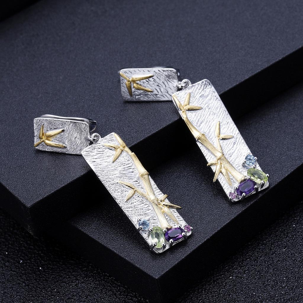 Cercei din piatră prețioasă din bambus în stil natural S925, argint sterling, design original, cercei cu topaz diopside natural ametist