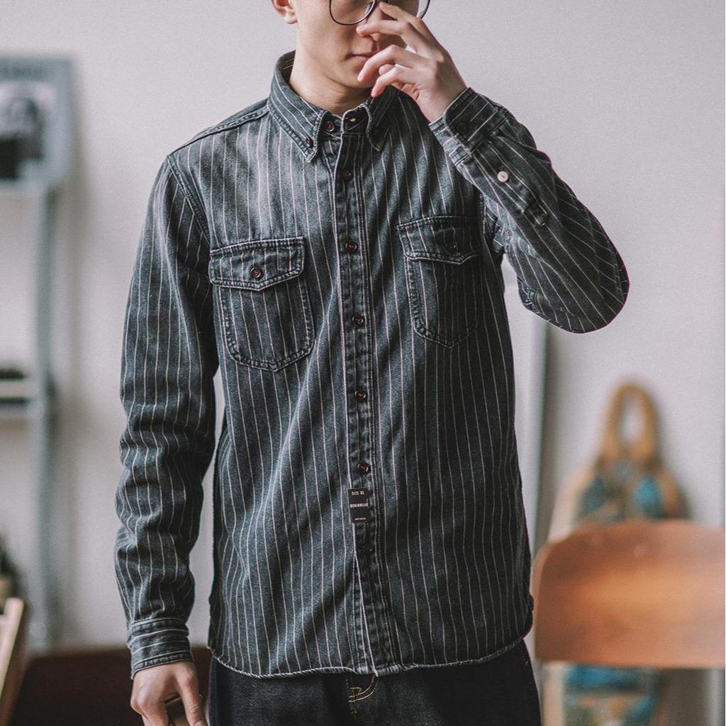 Men's Heavyweight Retro American Khaki Denim Shirt, Vertical Stripes, Washed Distressed, Long-sleeved Workwear.