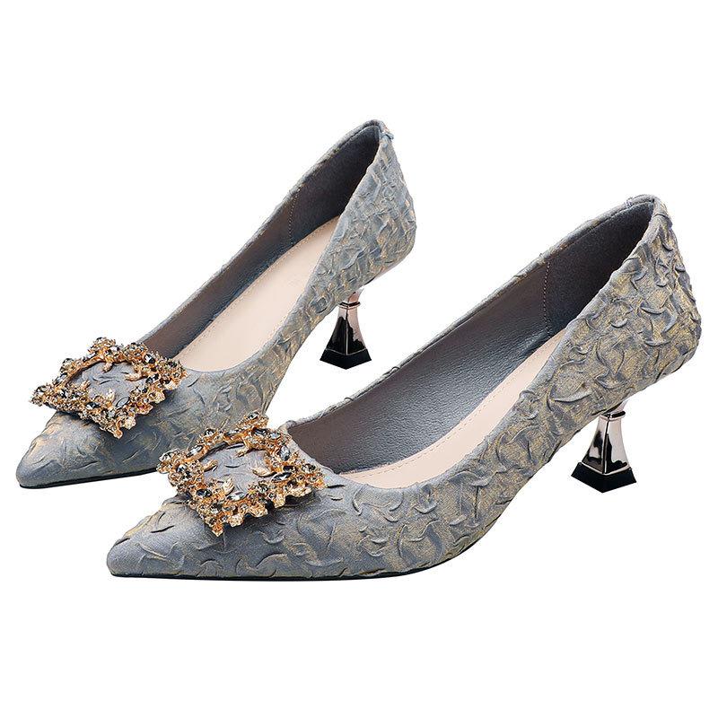 2025 new women's shoes fashion pointed high heels thin heel temperament satin rhinestone square buckle light mouth French single shoes