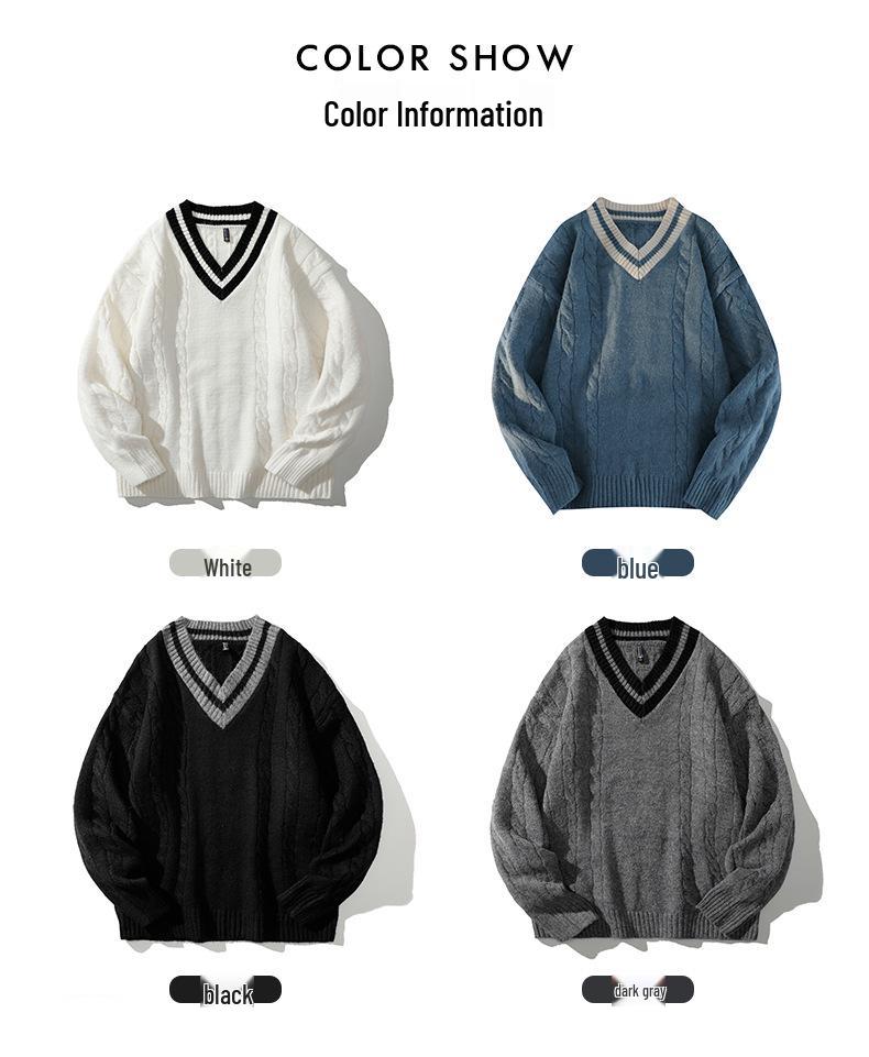 Men's Thickened V-Neck Knitted Sweater - 2024 Autumn/Winter Casual Base Layer