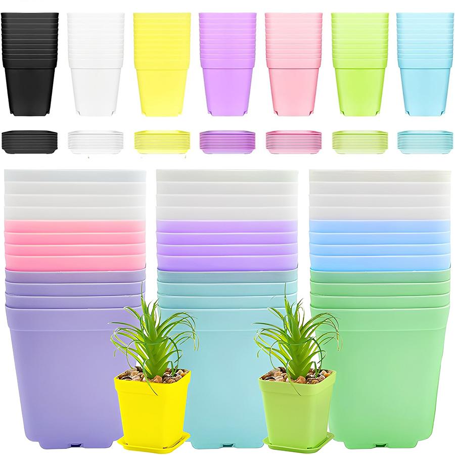 6pcs 7cm Plastic Square Flower Plant Pots with Tray Nursery Pot for Succulent Plant Home Office Desktop Gardening Balcony Decor