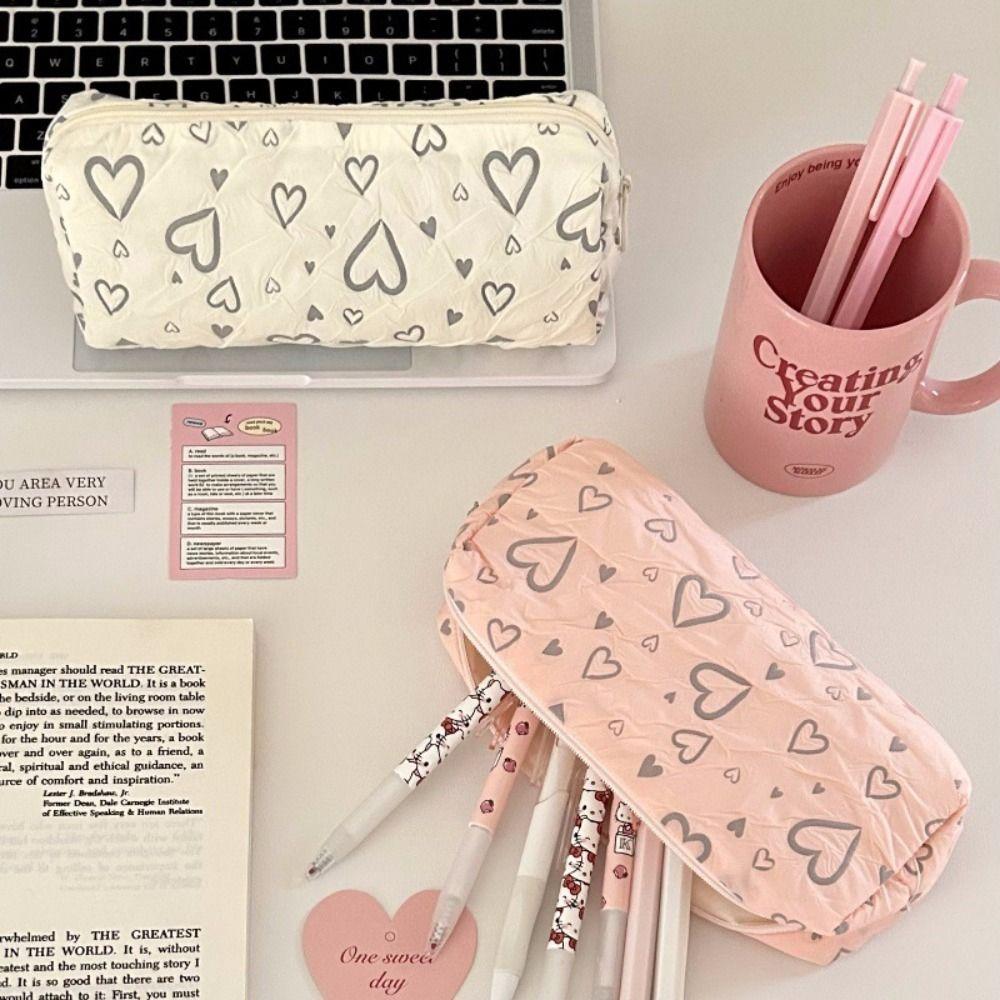 Simple Love Print Pattern Pen Bag Large Capacity Multifunctional Storage Bag Stationery Bag Boys/Girls