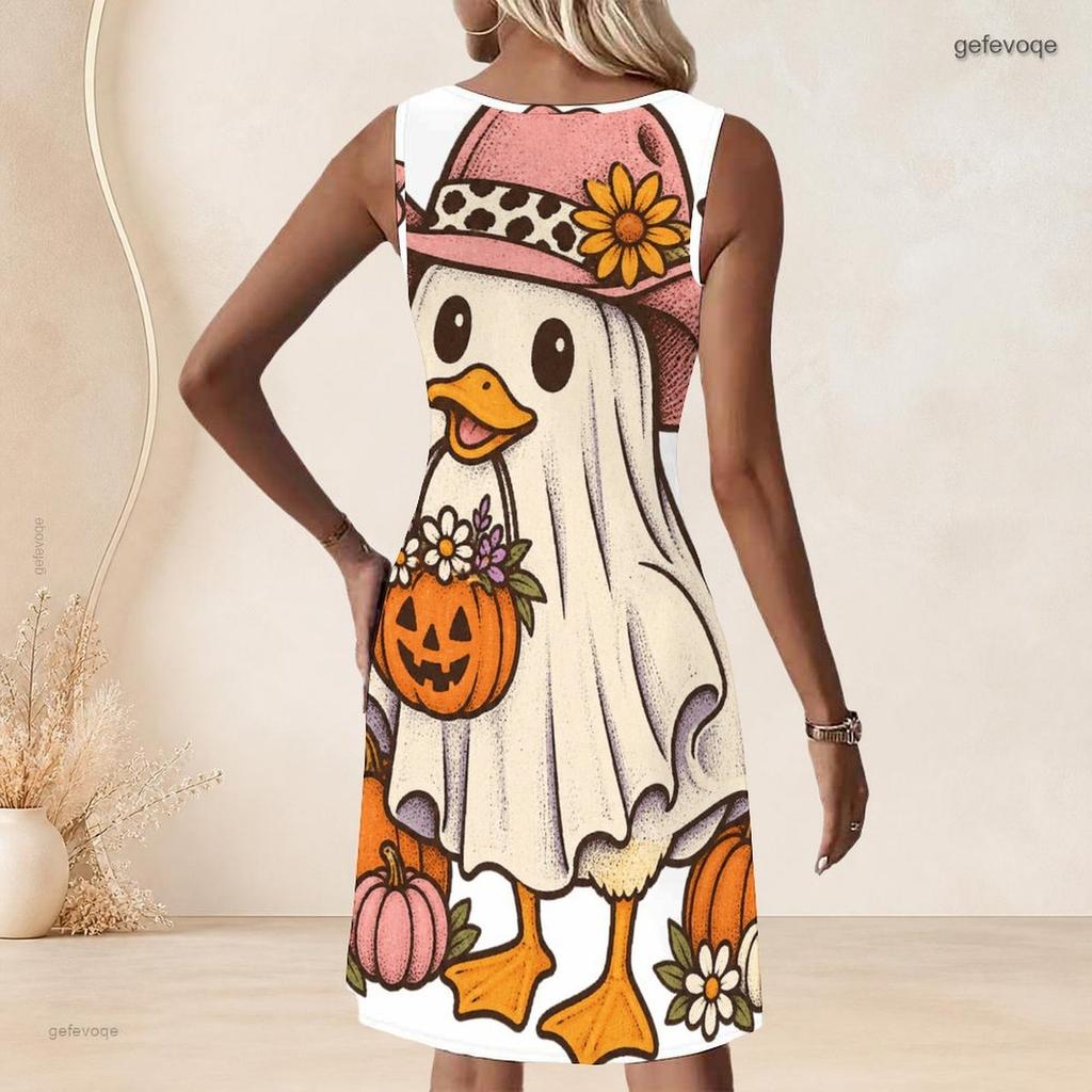 Women Plus Size Sleeveless A Line Dress Round Neck Keyhole Ring Halloween Ghost Pumpkin Printed Casual Dress