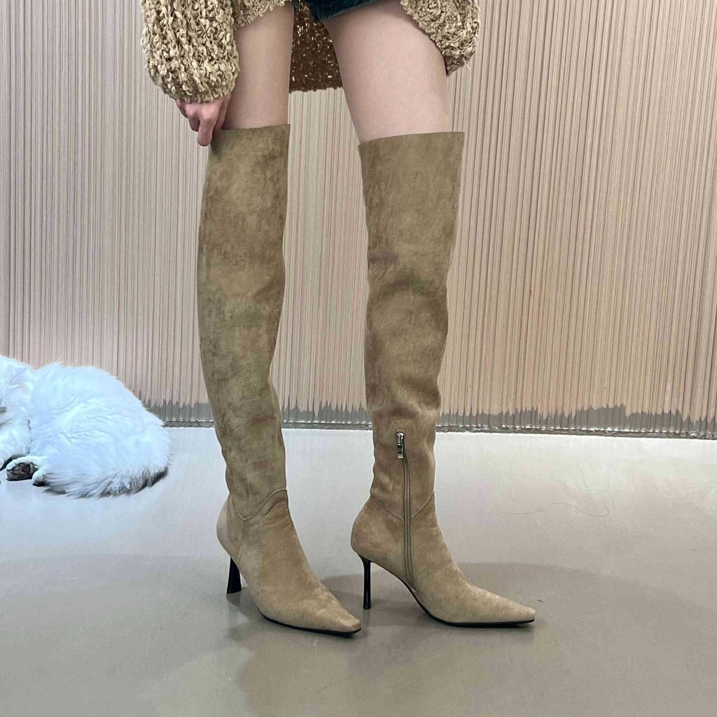 Elastische Samt-High-Heel-Langschaftstiefel für Damen, Spitz zulaufend, dicker Absatz, Französische elastische Stiefel für Damen