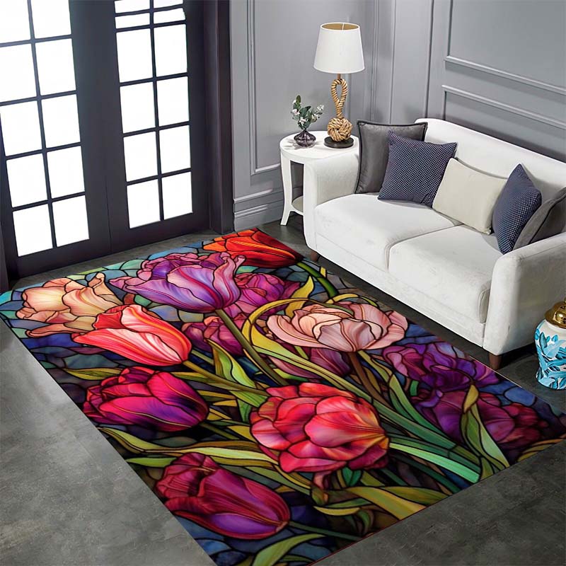 Vintage Floral Tulip Patterned Floor Mat, Non-slip, Machine Washable, Suitable for Living Rooms, Bedrooms, and Home Décor.