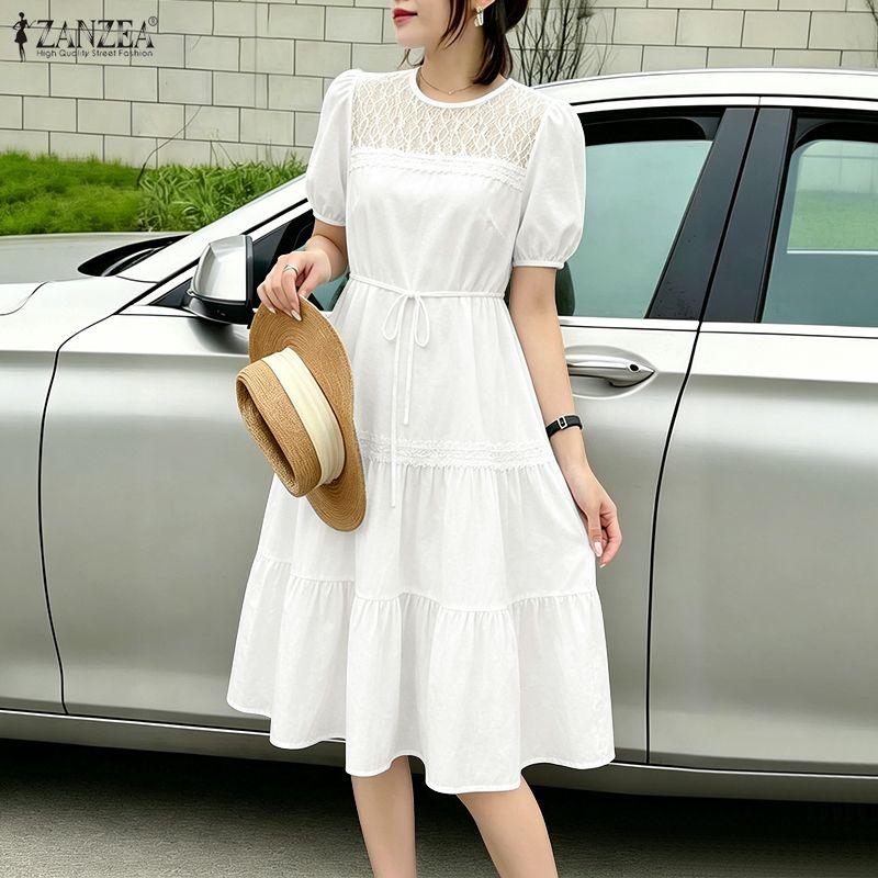 ZANZEA Womens Lace Patchwork Casual Round Neck Short Sleeve Elegant Dress