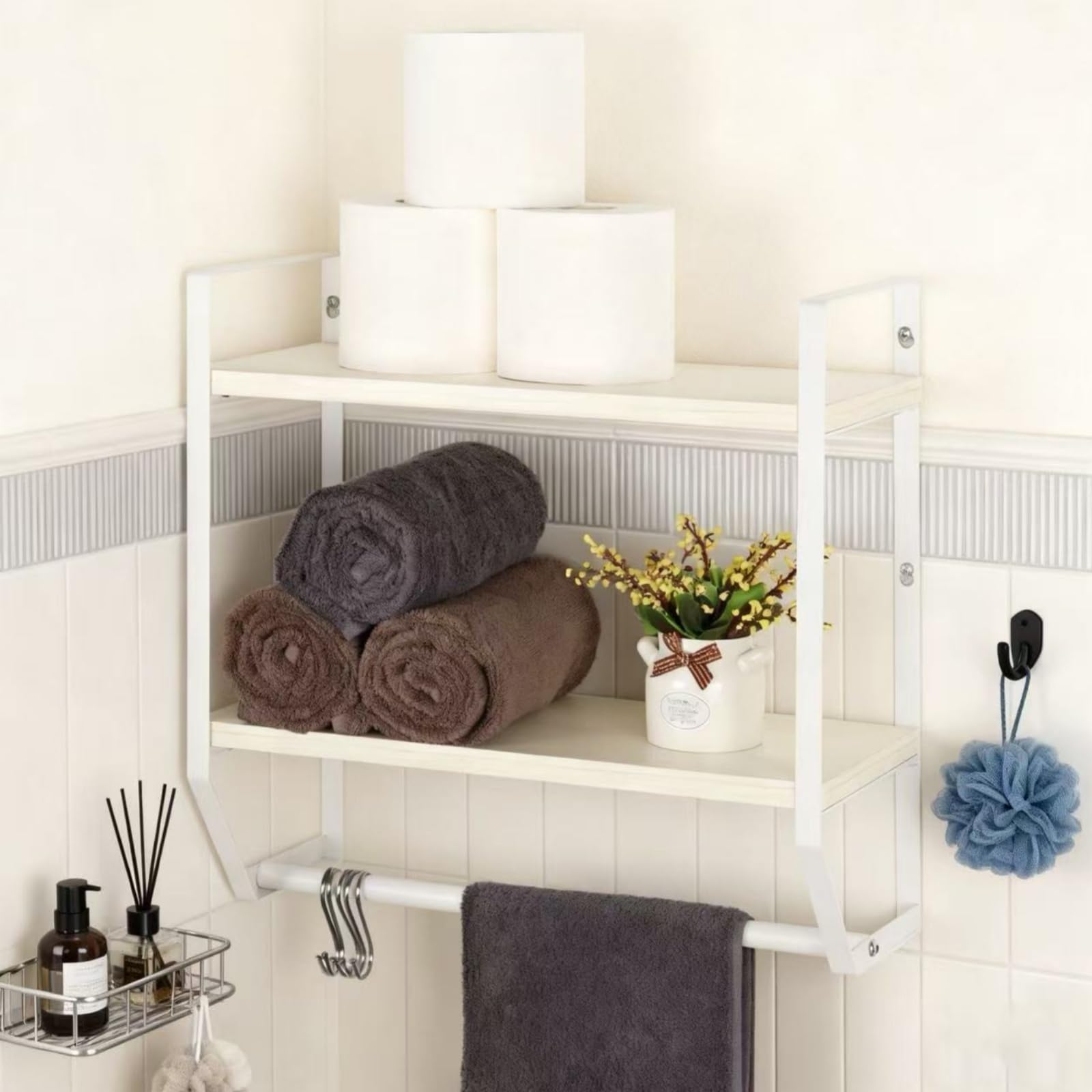 

Wall-Mounted Towel Rack, Bath Towel Rack, Towel Hanger, 2-Tier, Bathroom Storage, Open Shelf, Bathroom Rack, Space-Saving, White