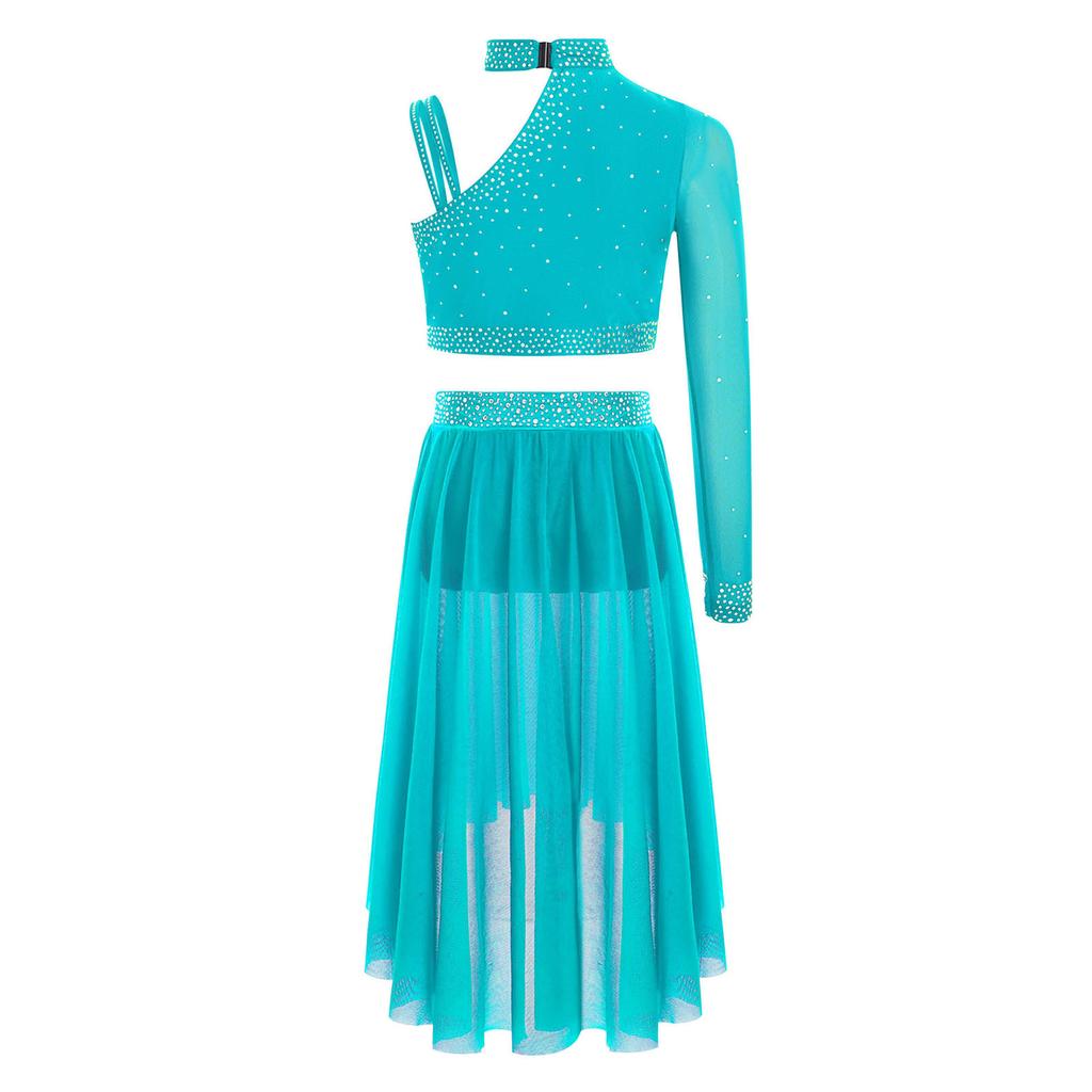 Conjunto de Ropa Lírica para Niñas Crop Top con Pedrería Diseño de Hombro Irregular Falda de Malla con Abertura Lateral