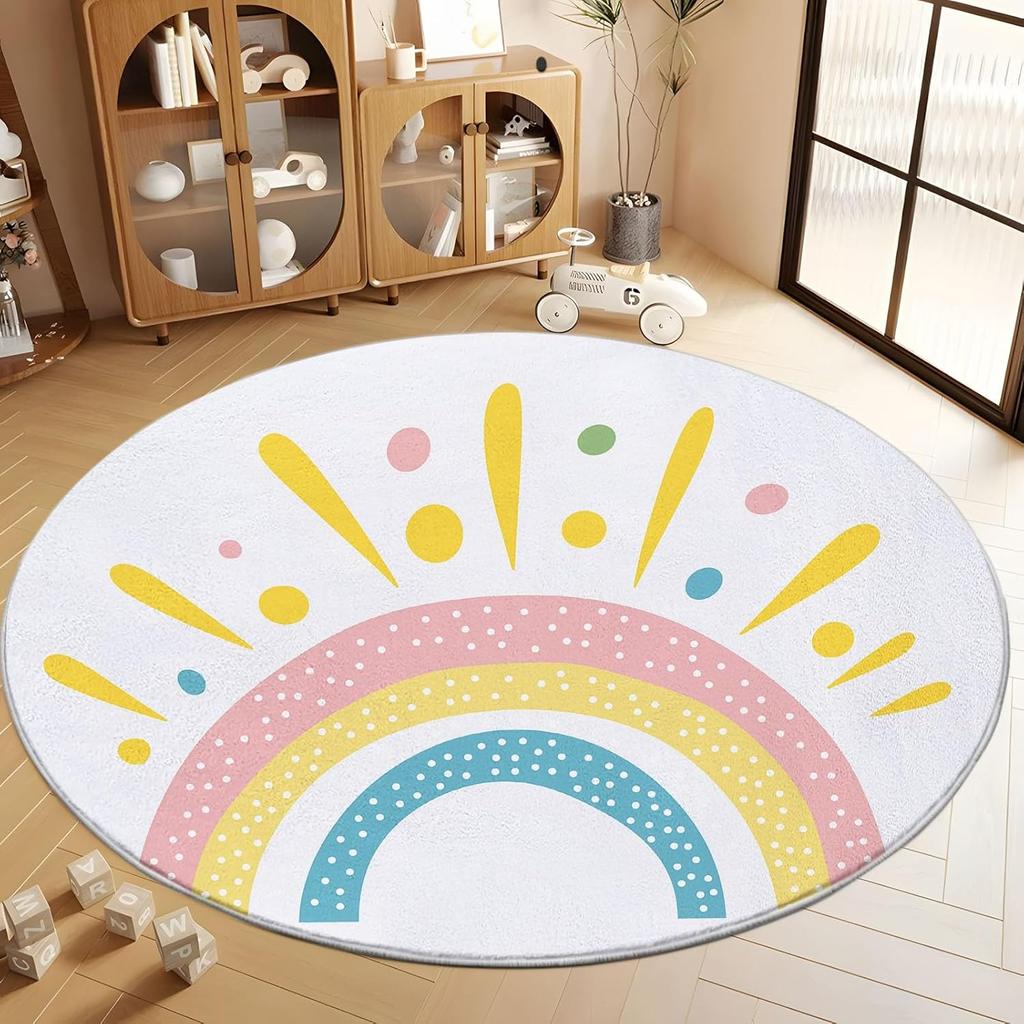 Simple Dots Print Round Rug Cartoon Rainbow Sun Machine Washable Circular Carpet Runner Non Slip Circle Area Rug Carpet Mat