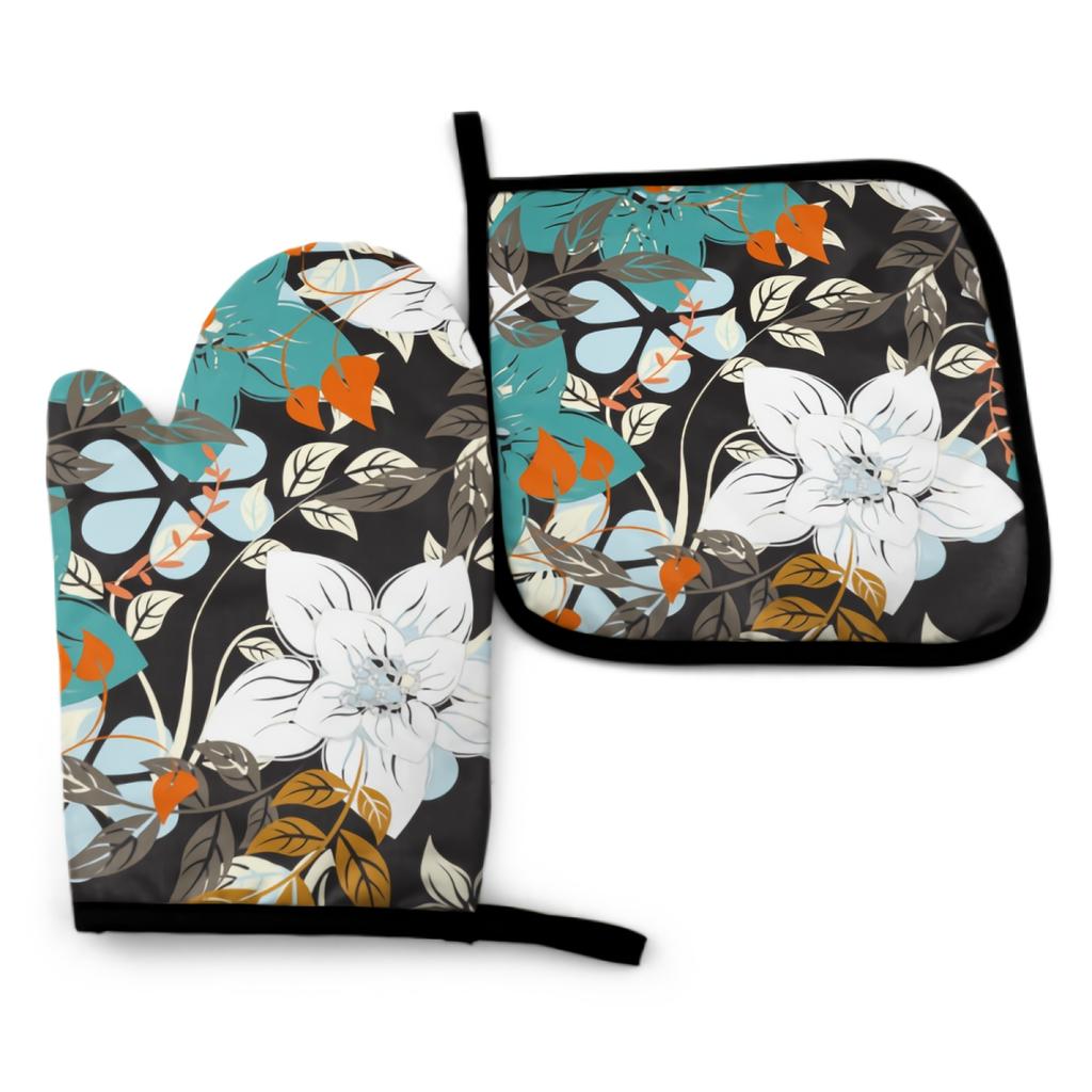 Green and White Flowers Oven Mitt and Pot holder Set Heat Resistant Non Slip Kitchen Gloves with Inner Cotton Layer for Cooking
