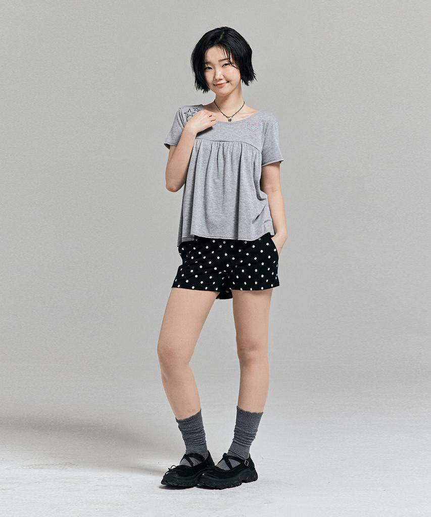 AWESOME STUDIO Kitsch Embroidered Shirred T-Shirt Melange Gray